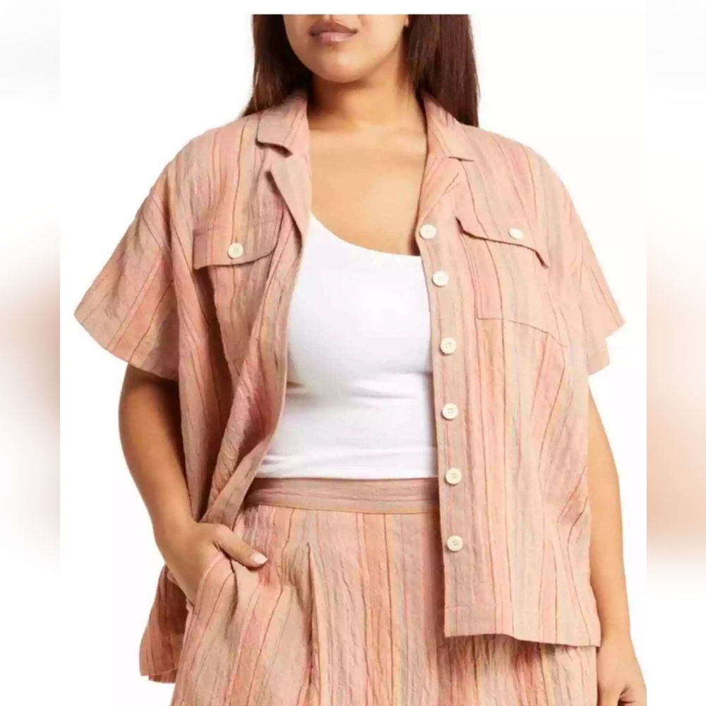 Madewell Women's Stripe Stretch Cotton & Linen Camp Shirt plus size 2X retro
